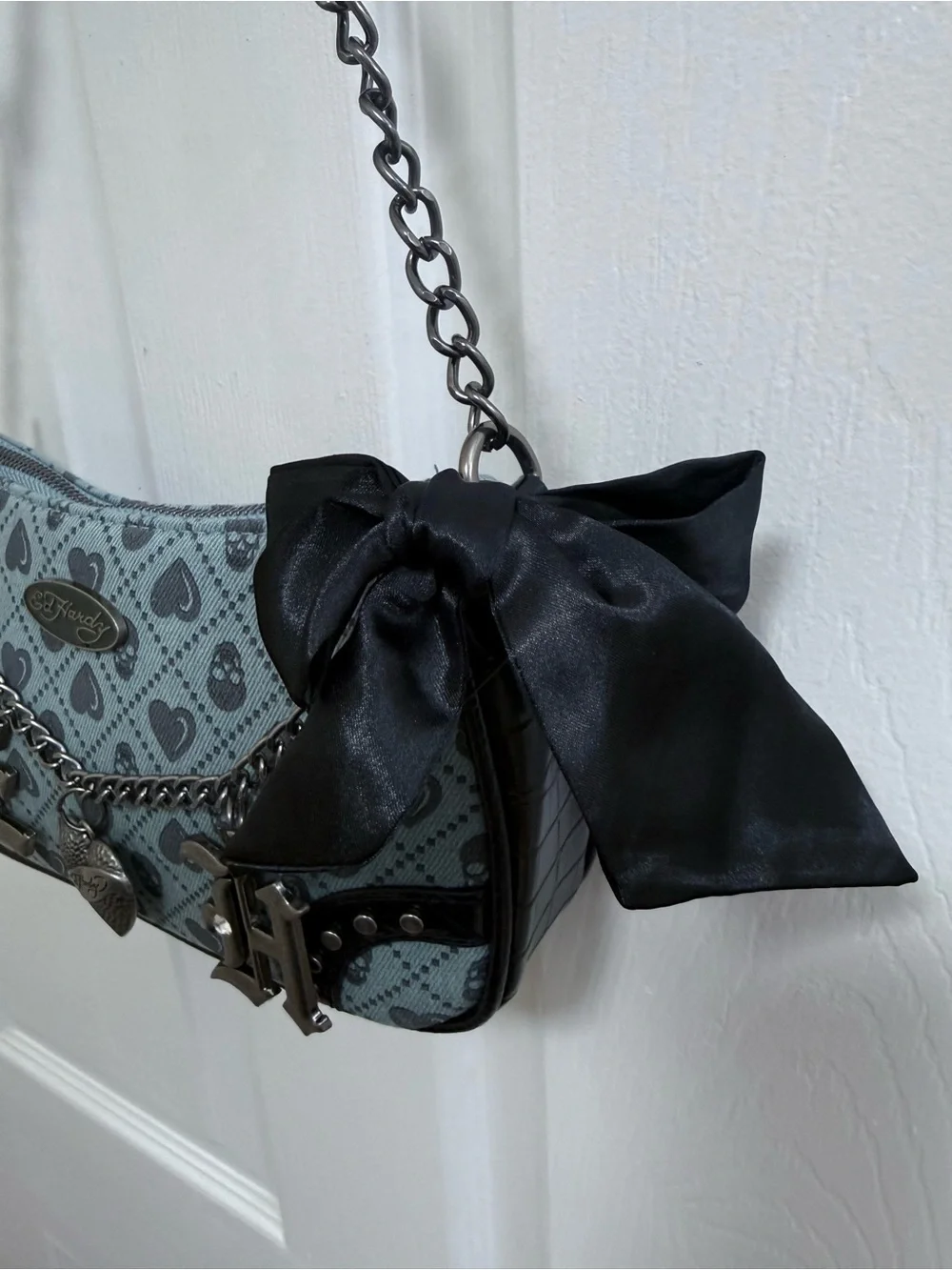 NWT Ed Hardy Blue Heart & Skull Print Chain Shoulder Bag with Bow